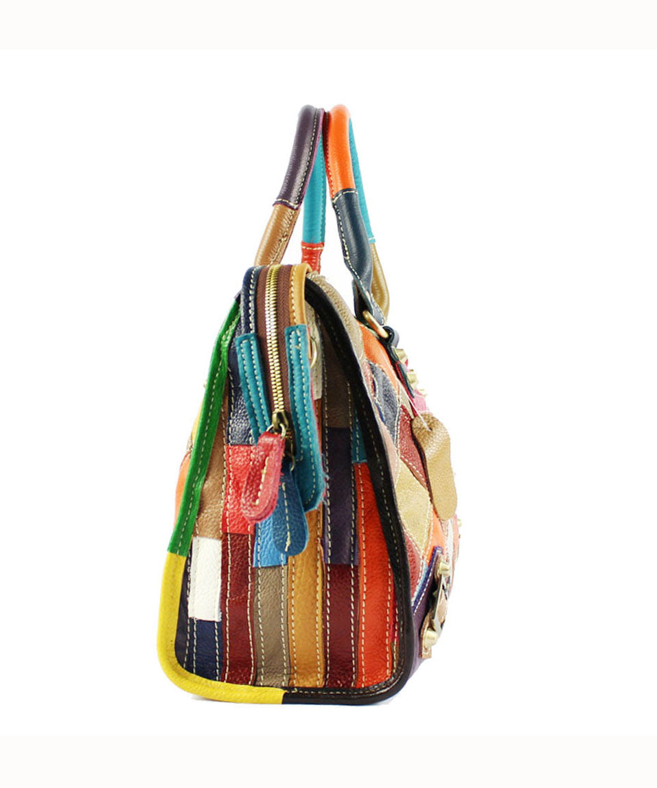 Elegant Colorblock Rivet Zippered Patchwork Calf Leather Tote BAG