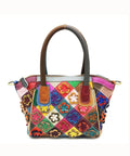 Handmade Colorblock Floral Patchwork Calf Leather Tote BAG